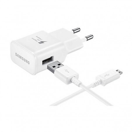 Cargador de red original Samsung Carga Rápida Micro-USB (EP-TA20EWE + cable DCU4AWE 2A) con blister Blanco