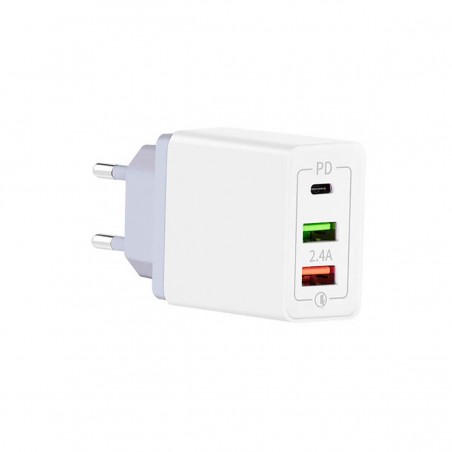Cargador de red 30W PD 5.4A Fast Charge (1xUSB-C 12W + 2xUSB-A 18W) Blanco