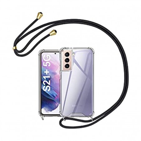 Funda Móvil Colgante con Cuerda para Samsung Galaxy S21 Plus Silicona Transparente con Cuerda Negra