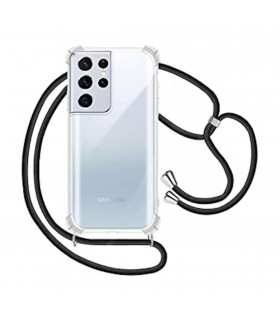 Funda Móvil Colgante con Cuerda para Samsung Galaxy S21 Ultra Silicona Transparente con Cuerda Negra