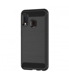 Funda Samsung Galaxy A20e de silicona con inserciones simil a fibra de carbono negro