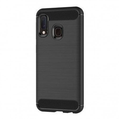 Funda Samsung Galaxy A20e de silicona con inserciones simil a fibra de carbono negro