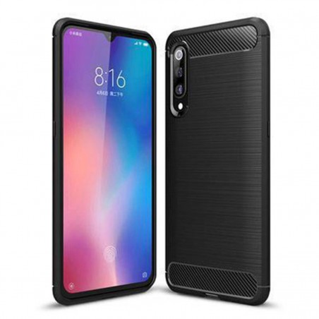 Funda silicona Xiaomi Mi 9 Inserciones simil a fibra de carbono negro